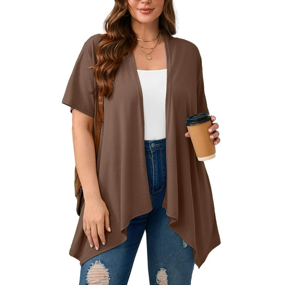 SHOWMALL Women's Plus Size Summer Boleros Draped Front Open Shrugs Coffee 3X Casual Short Sleeve Lightweight Cardigan Layering Coat