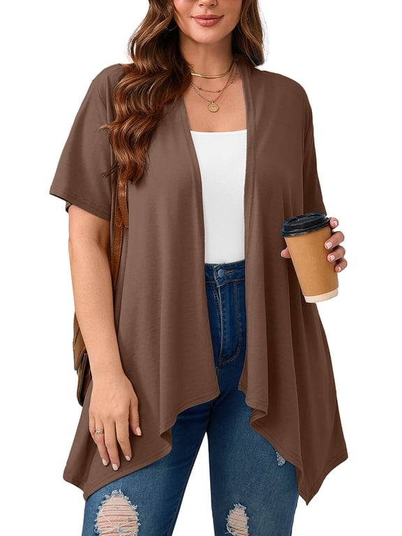 Women's Plus Size Summer Boleros Draped Front Open Shrugs Coffee 3X Casual Short Sleeve Lightweight Cardigan Layering Coat