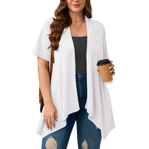SHOWMALL Women's Plus Size Summer Boleros Draped Front Open Shrugs White 3X Casual Short Sleeve Lightweight Cardigan Layering Coat