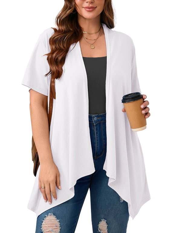 Women's Plus Size Summer Boleros Draped Front Open Shrugs White 3X Casual Short Sleeve Lightweight Cardigan Layering Coat