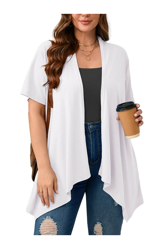 Women's Plus Size Summer Boleros Draped Front Open Shrugs White 3X Casual Short Sleeve Lightweight Cardigan Layering Coat