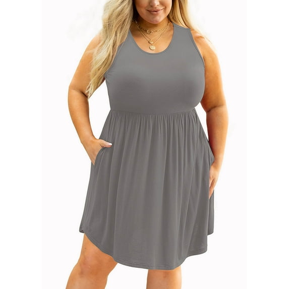 SHOWMALL Women's Plus Size Summer Dress Gray 2X Casual Sleeveless Scoop Neck Flowy Pleated Sun Beach Boho Elegant Girls Babydoll Swing Dresses with Pockets
