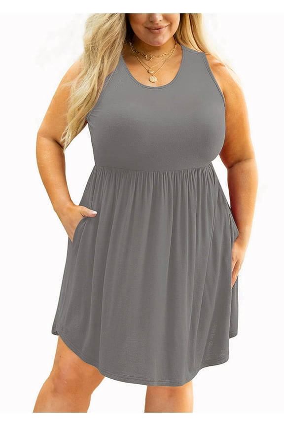 Women's Plus Size Summer Dress Gray 3X Casual Sleeveless Scoop Neck Flowy Pleated Sun Beach Boho Elegant Girls Babydoll Swing Dresses with Pockets