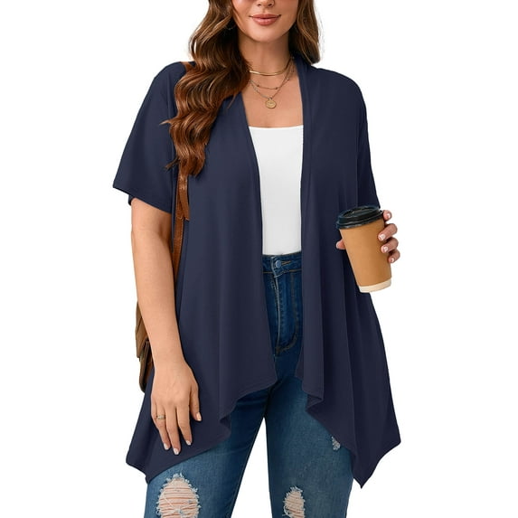 SHOWMALL Women's Plus Size Summer Lightweight Cardigan Draped Front Open Shrugs Navy Blue 3X Casual Short Sleeve Boleros Layering Coat