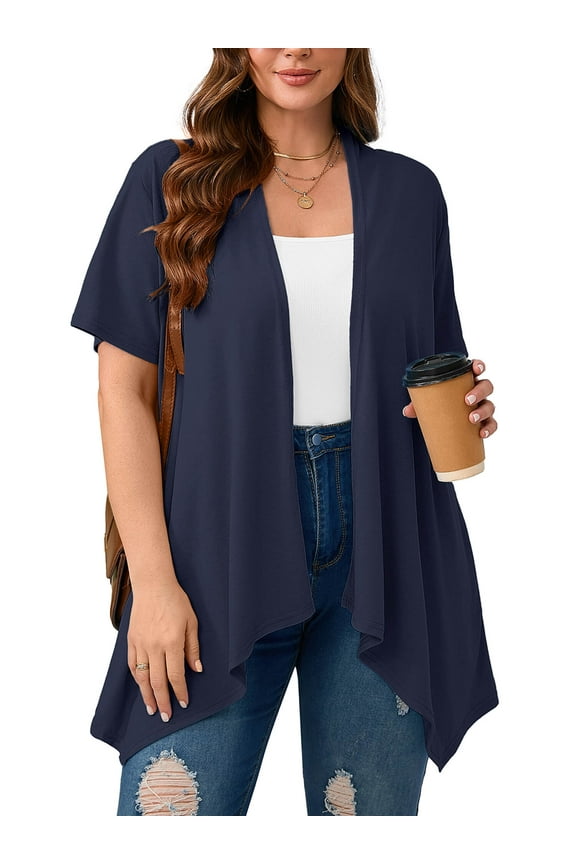 Women's Plus Size Summer Lightweight Cardigan Draped Front Open Shrugs Navy Blue 3X Casual Short Sleeve Boleros Layering Coat