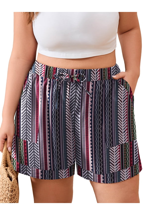 Women's Plus Size Summer Shorts, Lightweight Breathable Casual Shorts with Pockets, Ethnic Geometric Stripe 3X Elastic Drawstring Waist High Waisted Lounge Beach Shorts