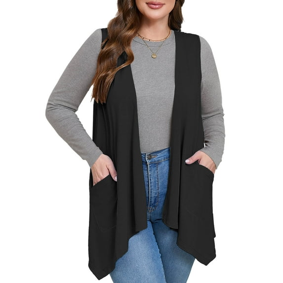 SHOWMALL Women's Plus Size Summer Vest Shrugs Sleeveless High Low Hem Draped Black 3X Flowy Open Front Lightweight Cardigan with Pockets Casual Layering Jacket