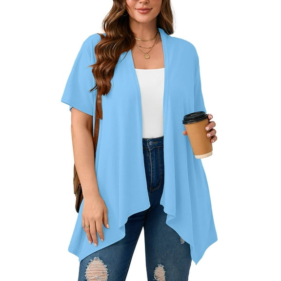 SHOWMALL Women's Plus Size Summer Shrugs Draped Front Open Boleros Light Blue 3X Casual Short Sleeve Lightweight Cardigan Layering Coat