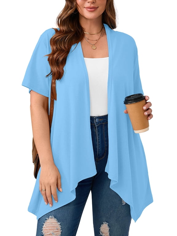 Women's Plus Size Summer Shrugs Draped Front Open Boleros Light Blue 3X Casual Short Sleeve Lightweight Cardigan Layering Coat