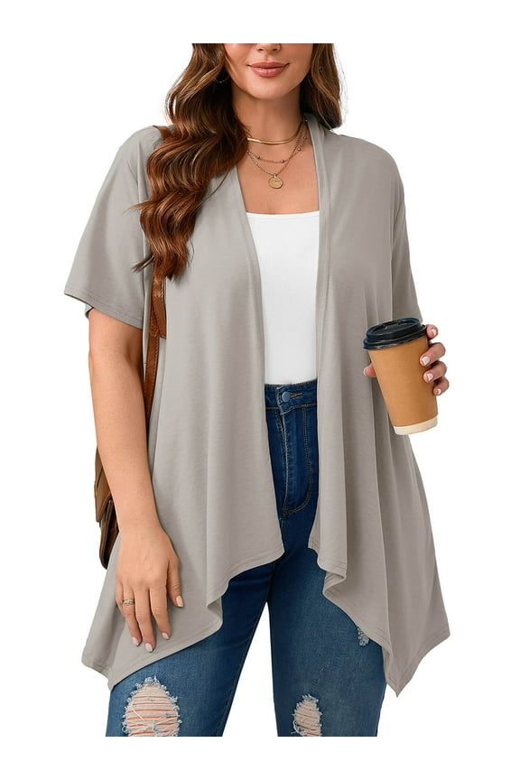 Women's Plus Size Summer Shrugs Draped Front Open Boleros Light Gray 3X Casual Short Sleeve Lightweight Cardigan Layering Coat
