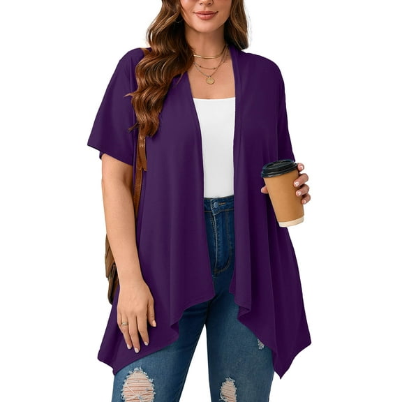 SHOWMALL Women's Plus Size Summer Shrugs Draped Front Open Boleros Purple 3X Casual Short Sleeve Lightweight Cardigan Layering Coat