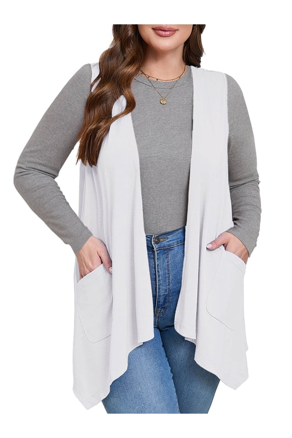 Women's Plus Size Summer Shrugs with Pockets Sleeveless High Low Hem Draped White 2X Loose Fit Elegant Blazer Style Boleros Flowy Open Front Lightweight Cardigan