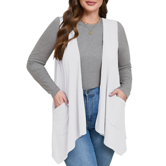 SHOWMALL Women's Plus Size Summer Shrugs with Pockets Sleeveless High Low Hem Draped White 3X Loose Fit Elegant Blazer Style Boleros Flowy Open Front Lightweight Cardigan