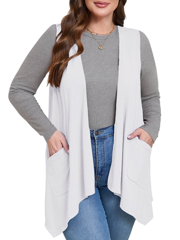 Women's Plus Size Summer Shrugs with Pockets Sleeveless High Low Hem Draped White 4X Loose Fit Elegant Blazer Style Boleros Flowy Open Front Lightweight Cardigan