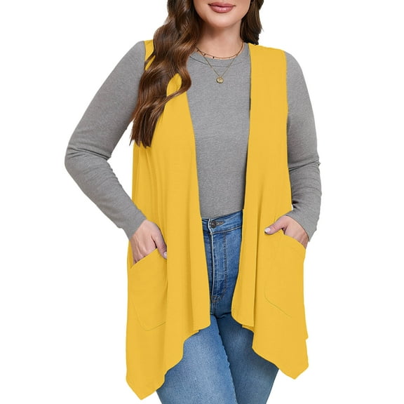 SHOWMALL Women's Plus Size Summer Shrugs with Pockets Sleeveless High Low Hem Draped Yellow 4X Loose Fit Elegant Blazer Style Boleros Flowy Open Front Lightweight Cardigan