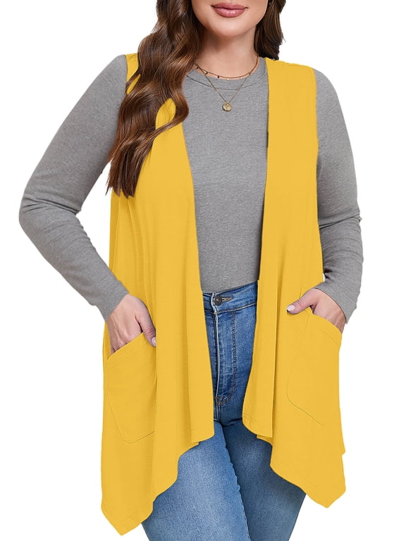 Women's Plus Size Summer Shrugs with Pockets Sleeveless High Low Hem Draped Yellow 4X Loose Fit Elegant Blazer Style Boleros Flowy Open Front Lightweight Cardigan