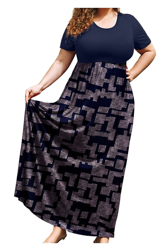 Women's Plus Size Summer Sun Dress Maxi Minimal Grid 2X Short Sleeves Crewneck Casual Bohemian Beach Dress Full-Length Floral Long Dresses with Pockets