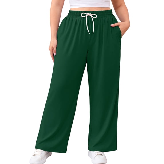 SHOWMALL Women's Plus Size Wide Leg Pants 1X-5X, Green Relaxed Fit Casual Lounge Pants with Drawstring Elastic Waist and Pockets for Vacation and Weekend Wear