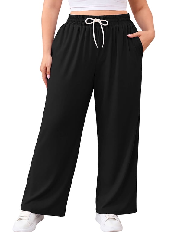 Plus Size Wide Leg Pants for Women 3X, Black Pull On Casual Pants with Drawstring Elastic Waist and Pockets for Everyday, Work and Travel