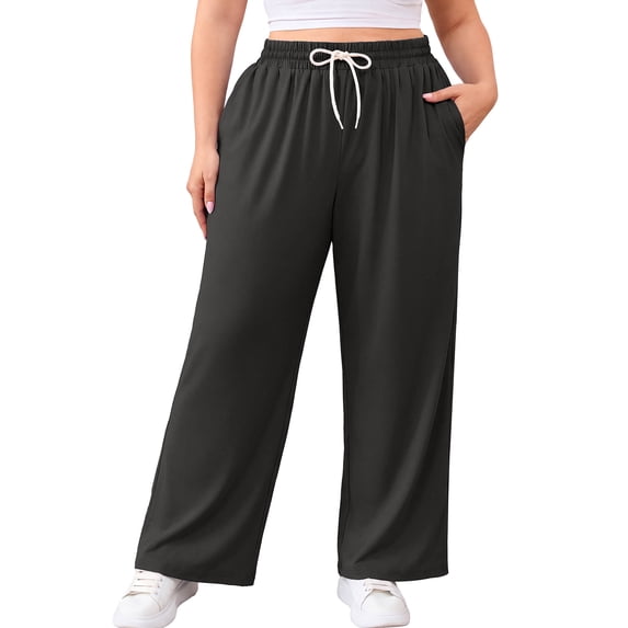 SHOWMALL Plus Size Pants for Women 3X, Dark Gray Relaxed Fit Wide Leg Casual Pants with Drawstring Elastic Waist and Pockets for Everyday Wear