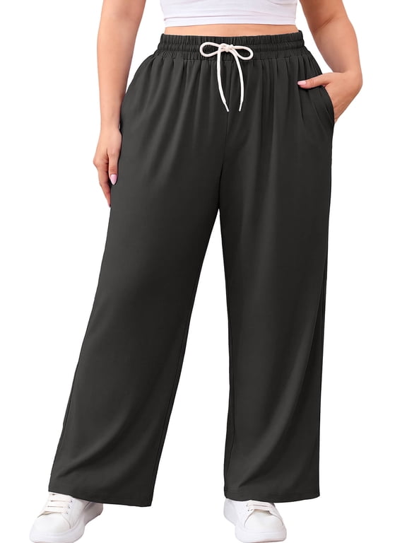 Plus Size Pants for Women 2X, Dark Gray Relaxed Fit Wide Leg Casual Pants with Drawstring Elastic Waist and Pockets for Everyday Wear