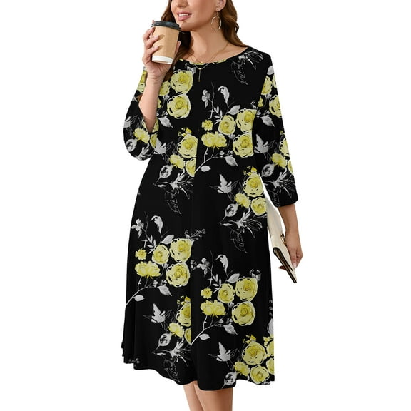 SHOWMALL Women's Plus Size Swing Drape Dress Black Golden Floral 3X Midi Dress 3/4 Sleeves Wedding Guest Dress Boat Neck Flowy Dress with Pockets