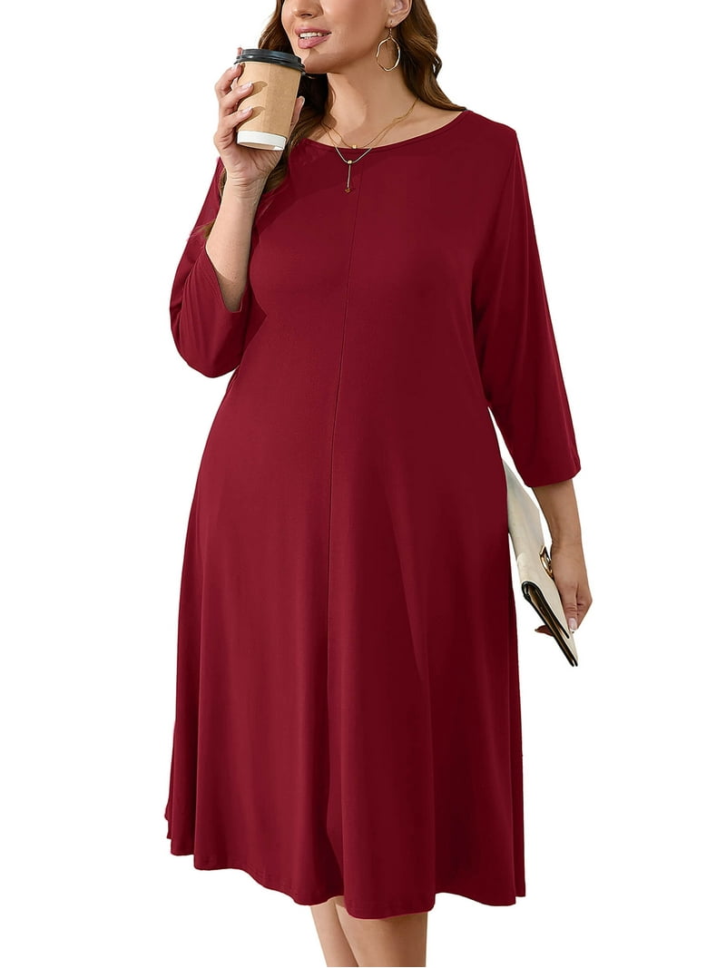Showmall Women's Plus Size Swing Drape Dress Wine Red 3X Midi Dress 3/4 Sleeves Wedding Guest Dress Boat Neck Flowy Dress with Pockets, image size:800x1067