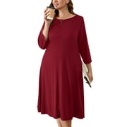 SHOWMALL Women's Plus Size Swing Drape Dress Wine Red 3X Midi Dress 3/4 Sleeves Wedding Guest Dress Boat Neck Flowy Dress with Pockets