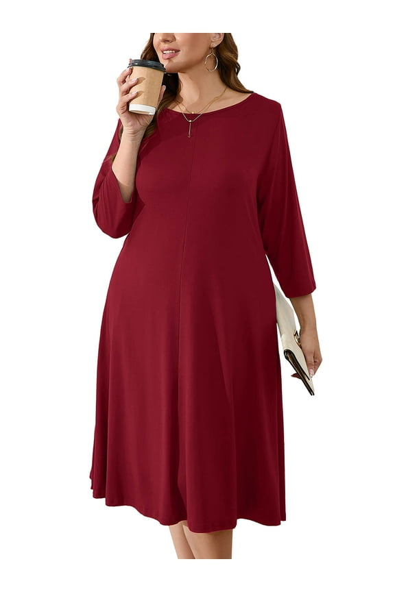 Women's Plus Size Swing Drape Dress Wine Red 3X Midi Dress 3/4 Sleeves Wedding Guest Dress Boat Neck Flowy Dress with Pockets
