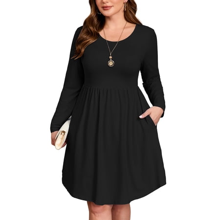 SHOWMALL Women's Plus Size Swing Dress Long Sleeve with Pockets, Black 2X Scoop Neck A-Line, Casual Midi Knee Length for Spring Fall