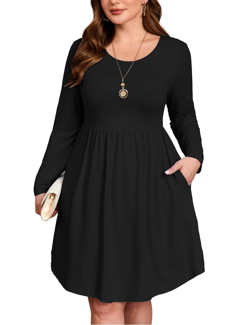 SHOWMALL Women's Plus Size Swing Dress Long Sleeve with Pockets, Black 3X  Scoop Neck A-Line, Casual Midi Knee Length for Spring Fall - Walmart.com