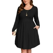 SHOWMALL Women's Plus Size Swing Dress Long Sleeve with Pockets, Black 3X Scoop Neck A-Line, Casual Midi Knee Length for Spring Fall