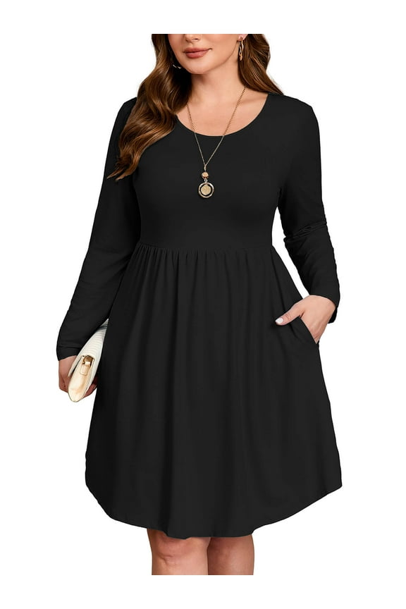 Women's Plus Size Swing Dress Long Sleeve with Pockets, Black 3X Scoop Neck A-Line, Casual Midi Knee Length for Spring Fall