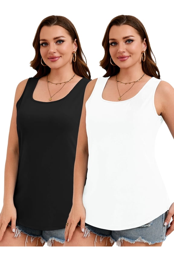 Women's Plus Size Tank Tops 2 Pack, Casual Loose Fit Sleeveless Shirts, Basic U-Neck Flowy Summer Tops - Black & White 3X