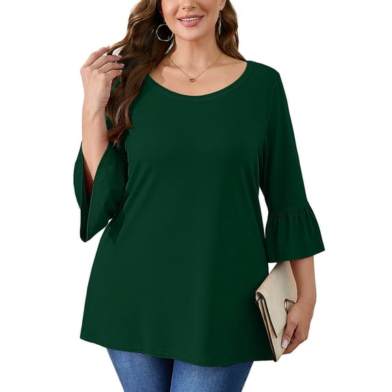 SHOWMALL Women's Plus Size Tops Bell-Sleeve Ultimate Tee Shirt Dark Green 2X Scoop Neck Casual Tunic Tops 3/4 Sleeves Basic Tunic Tops