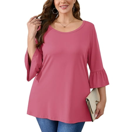 SHOWMALL Women's Plus Size Tops Bell-Sleeve Ultimate Tee Shirt Purple Red 1X Scoop Neck Casual Tunic Tops 3/4 Sleeves Basic Tops