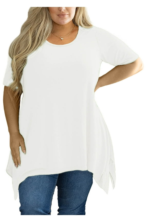 Women‘s Plus Size Tops Short Sleeve Blouse White 2X Summer Swing Tunic Clothes Crewneck Clothing Flowy Tee Shirt for Leggings