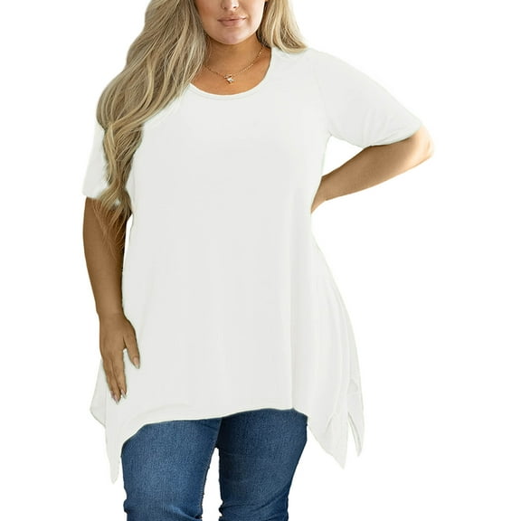 SHOWMALL Women‘s Plus Size Tops Short Sleeve Blouse White 3X Summer Swing Tunic Clothes Crewneck Clothing Flowy Tee Shirt for Leggings