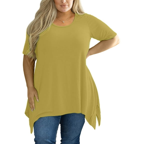 SHOWMALL Women‘s Plus Size Tops Short Sleeve Blouse Yellow 3X Summer Swing Tunic Clothes Crewneck Clothing Flowy Tee Shirt for Leggings