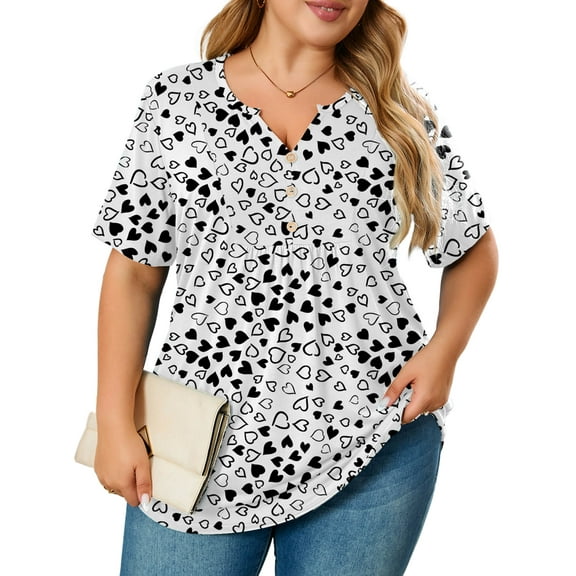 SHOWMALL Women's Plus Size Tops V-Neck Loose Fit Comfy Button Henley Shirt White Lovely Hearts 3X Short Sleeve Curvy Fit Blouse