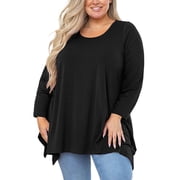 SHOWMALL Women's Plus Size Tunic Top Long Sleeves, Black 1X Scoop Neck Christmas Blouse, Asymmetrical Sharkbite Hem Shirts, Soft Stretchy, Great with Leggings