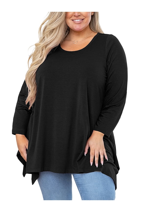 Women's Plus Size Tunic Top Long Sleeves, Black 1X Scoop Neck Christmas Blouse, Asymmetrical Sharkbite Hem Shirts, Soft Stretchy, Great with Leggings