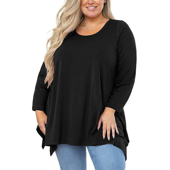 SHOWMALL Women's Plus Size Tunic Top Long Sleeves, Black 5X Scoop Neck Christmas Blouse, Asymmetrical Sharkbite Hem Shirts, Soft Stretchy, Great with Leggings