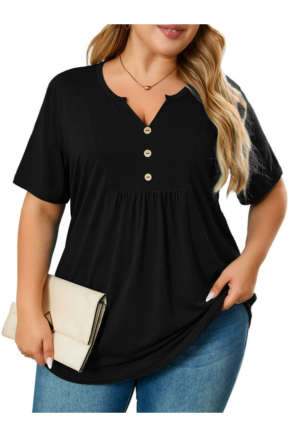Women's Plus Size Tunic Tops Short Sleeve Henley Shirt V Neck Button Up Blouse Black 3X Casual Pleated Basic Pullover