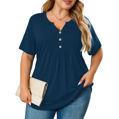 Women's Plus Size Tunic Tops Short Sleeve Henley Shirt V Neck Button Up Blouse Dark Blue 3X Casual Pleated Basic Pullover