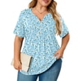 thumbnail image 1 of SHOWMALL Women's Plus Size Tunic Tops Short Sleeve Henley Shirt V Neck Button Up Blouse Jasmine Blue 3X Casual Pleated Basic Pullover, 1 of 6
