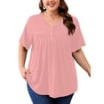 thumbnail image 1 of SHOWMALL Women's Plus Size Pleated Tunic Top, Pink 3X Short Sleeve Scoop Neck Shirt with Decorative Buttons, Casual Loose Fit Summer Blouse, 1 of 8