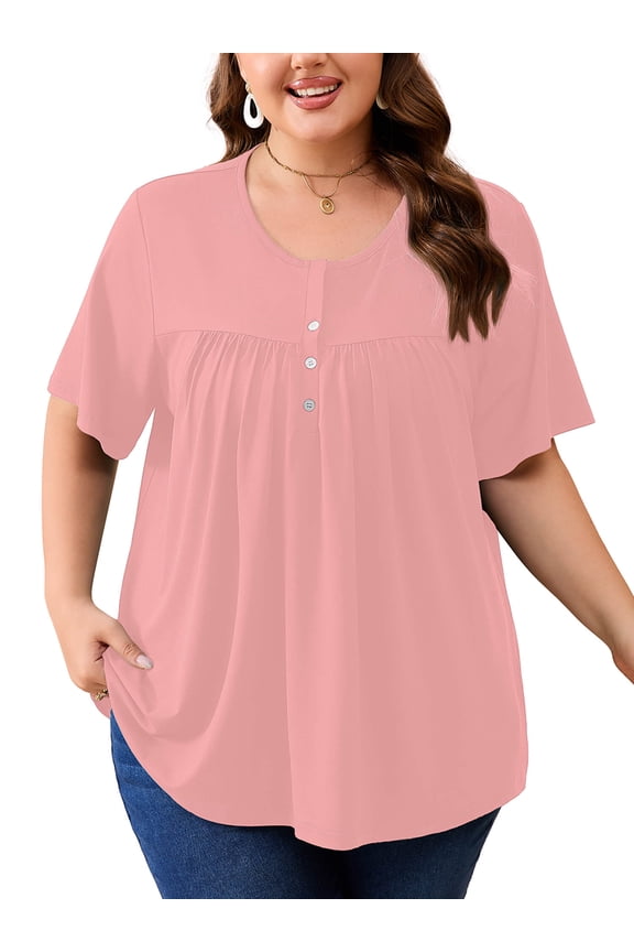 Women's Plus Size Pleated Tunic Top, Pink 3X Short Sleeve Scoop Neck Shirt with Decorative Buttons, Casual Loose Fit Summer Blouse