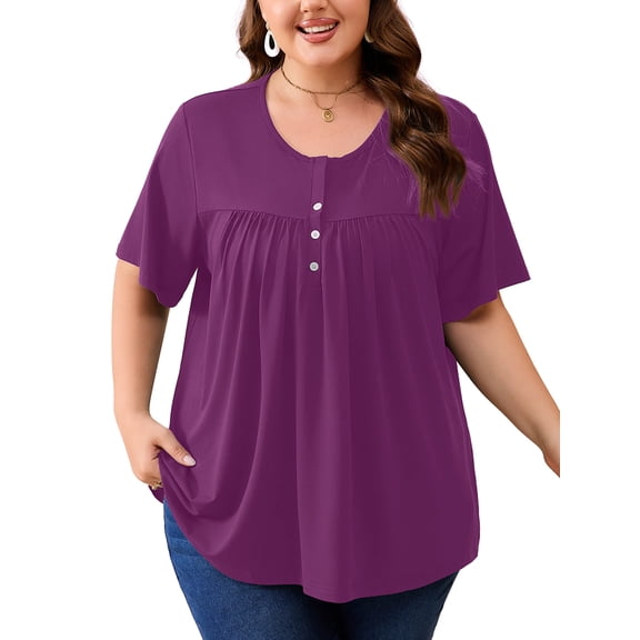 SHOWMALL Women's Plus Size Pleated Tunic Top, Purple 3X Short Sleeve Scoop Neck Shirt with Decorative Buttons, Casual Loose Fit Summer Blouse