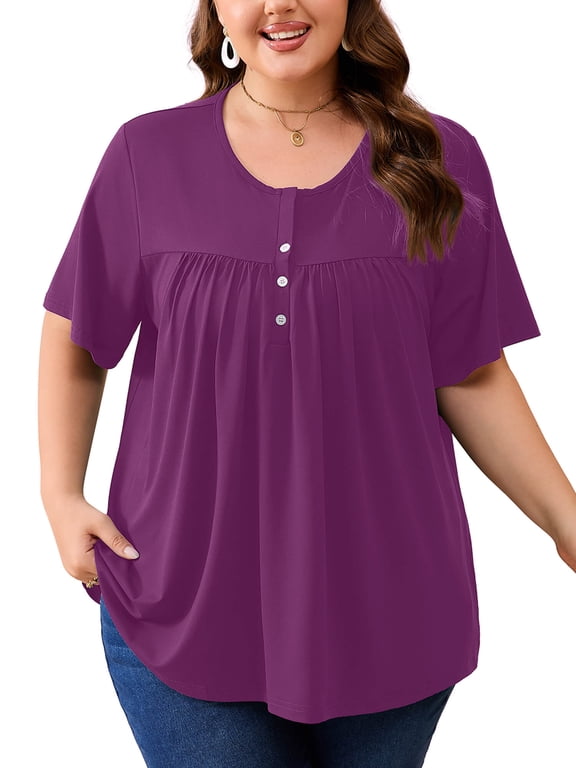 Women's Plus Size Pleated Tunic Top, Purple 3X Short Sleeve Scoop Neck Shirt with Decorative Buttons, Casual Loose Fit Summer Blouse